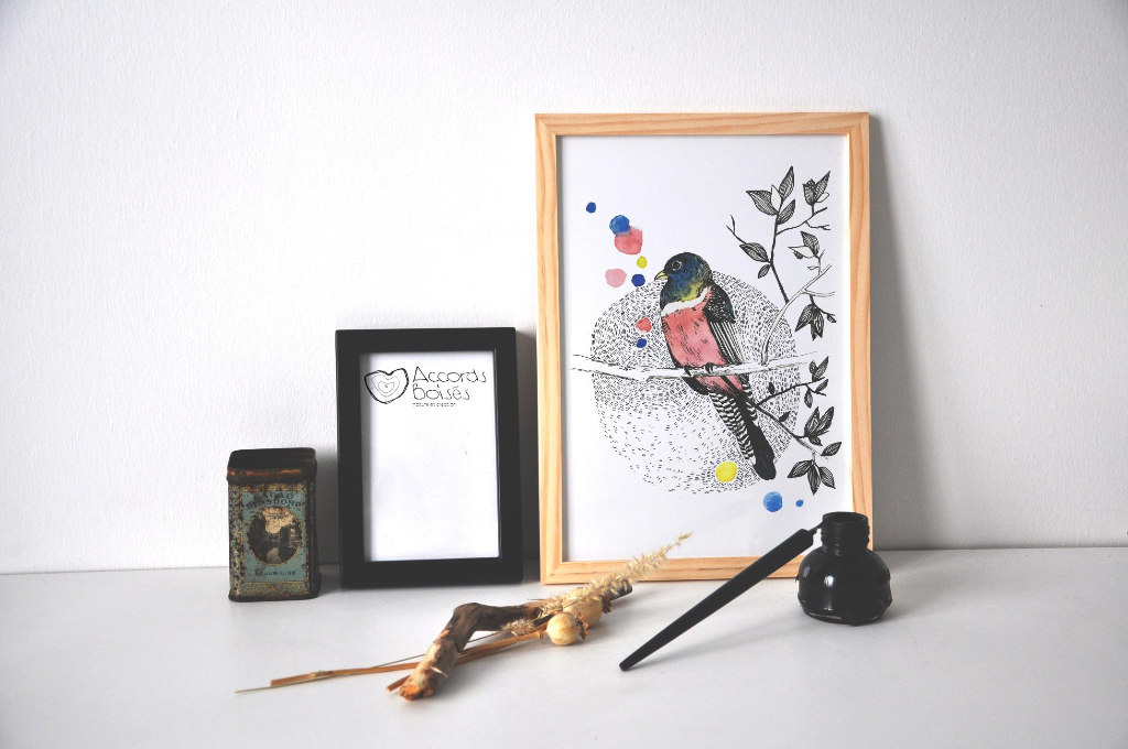 encadrement d'une affiche avec un des oiseaux exotiques pour une décoration intérieure cosy et colorée