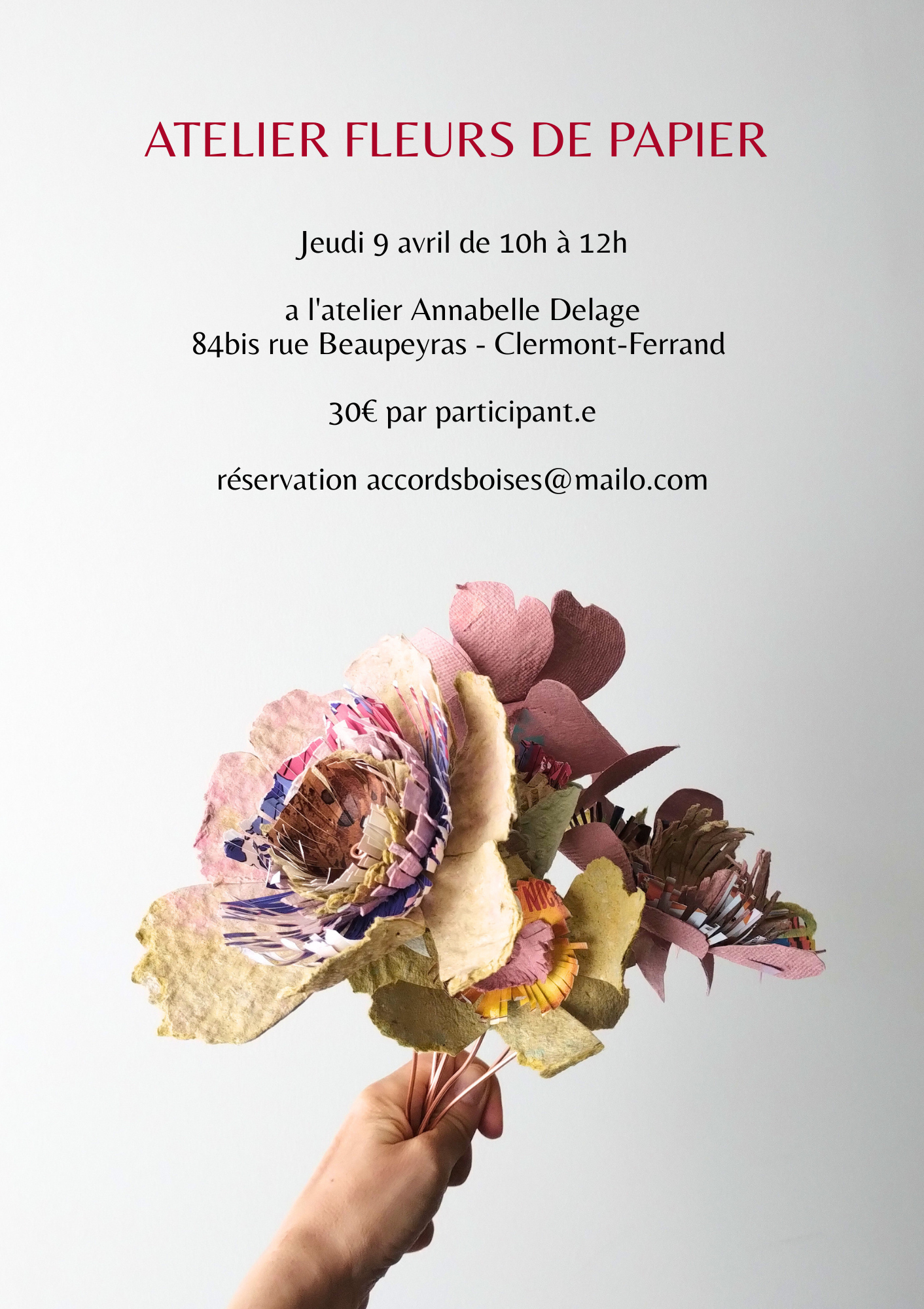 affiche atelier créatif en avril 2026. création de fleurs en papier