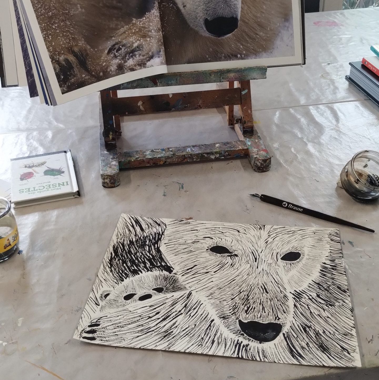 Cours de dessin à la plume et à l'encre de Chine. Icic l'élève à dessiner un ours d'après une photo.