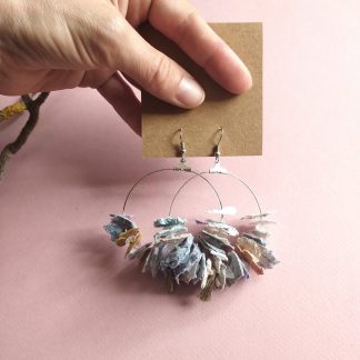 Présentation d'une paire de boucles d'oreilles en papier recyclé