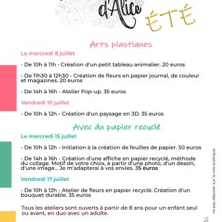 Flyer des ateliers d'été Arts plastiques ou papier recyclé