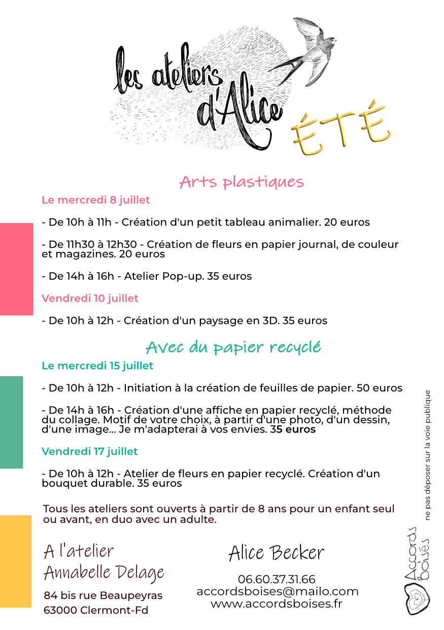 Flyer des ateliers d'été Arts plastiques ou papier recyclé