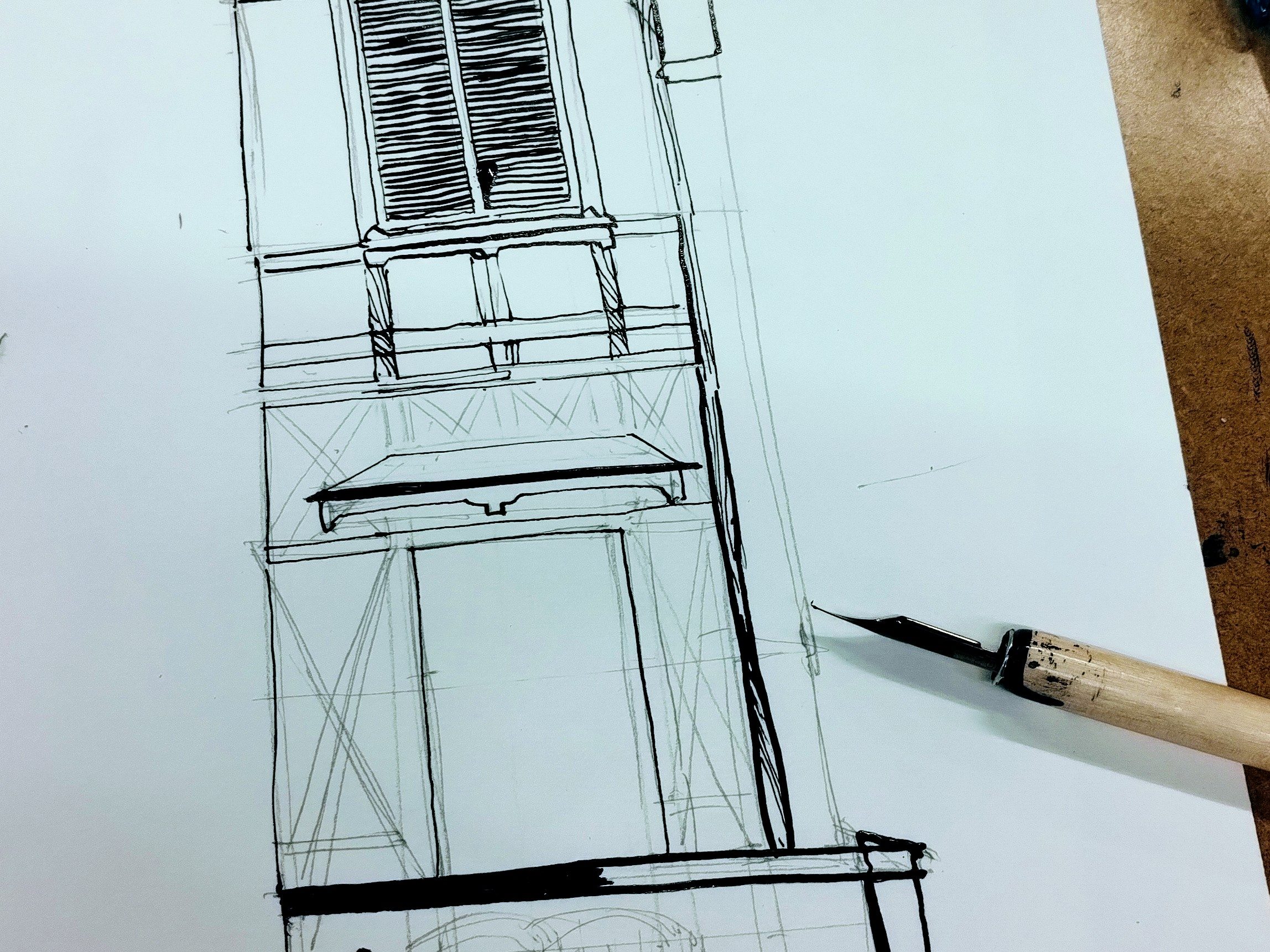 Dessin à la plume d'une architecture de clermont-Ferrand