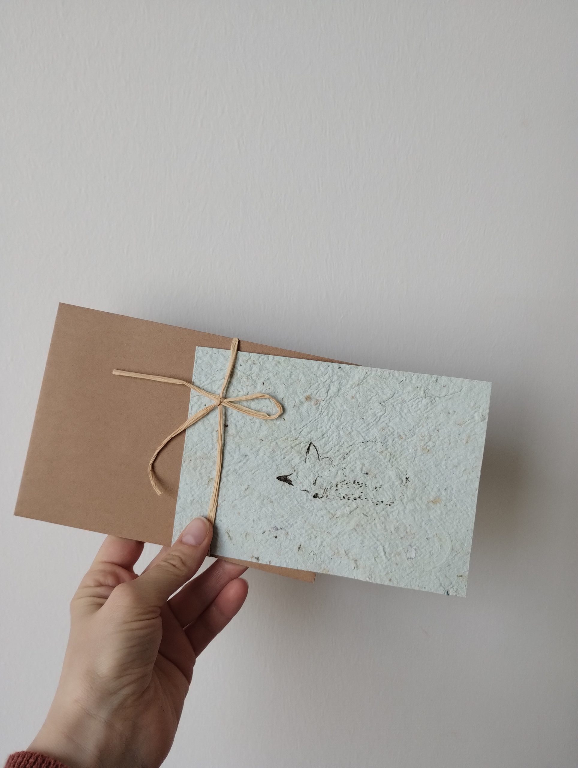 carte postale avec enveloppe en kraft. Renard endormi sur fond vert pâle