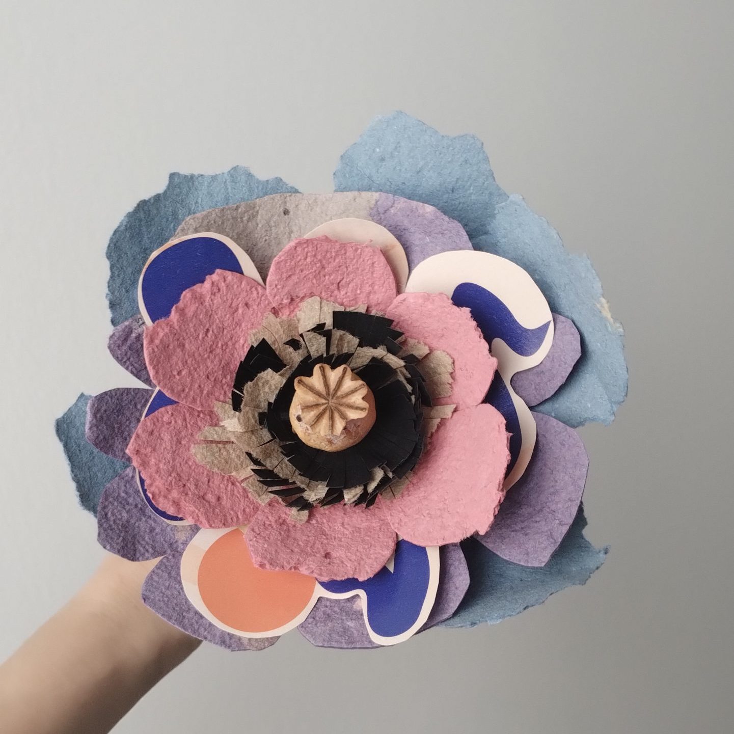 fleurs chéries, fleur de pavot et papier recyclé en couleur.